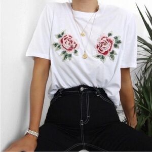H&M White Tee with Rose Embroidered Appliqués Floral Embroidery on Chest